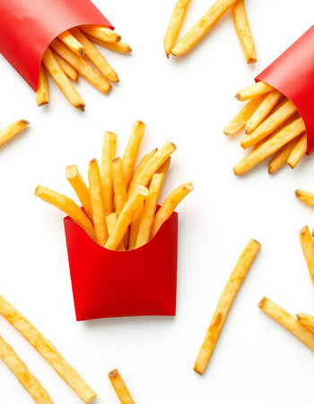 French fries in a red box on a white background, top view