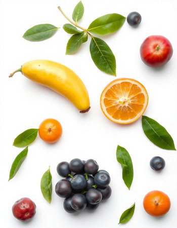 Fruits on white background. Flat lay, top view. Healthy food concept.