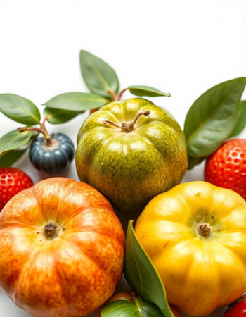 Assorted fruits and vegetables isolated on a white background. Top view.の写真素材