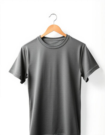 Gray t-shirt on hanger on white background. Mockup for designの写真素材