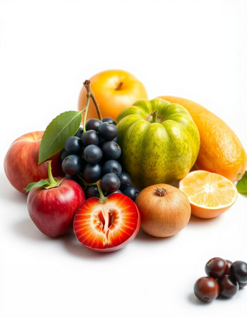 Composition of fresh fruits and vegetables isolated on a white background.の写真素材