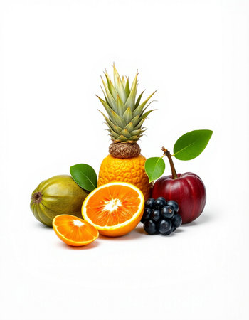 Fruits isolated on a white background. Pineapple, oranges, and applesの写真素材