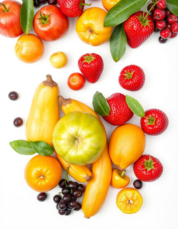 Fresh fruits and vegetables isolated on white background. Healthy food concept.