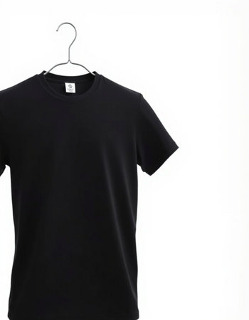 Black t-shirt on a hanger isolated on white background.の写真素材