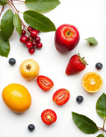 Fruits and berries on a white background. Flat lay, top viewの写真素材