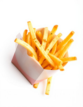 French fries in a box on a white background. Selective focus.