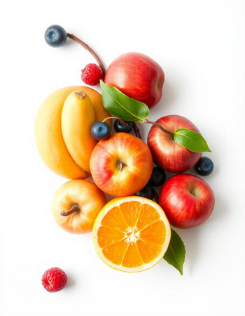 Fresh fruits isolated on a white background. Top view. Flat lay.の写真素材