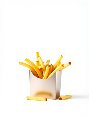 Golden French fries in a white box on a white background, isolated