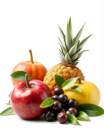 Fruits isolated on a white background. Pineapple, pears, grapes, black currants and applesの写真素材