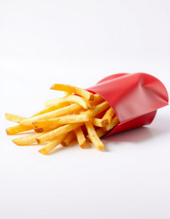 Golden French fries in red paper box on white background. Selective focus.の写真素材
