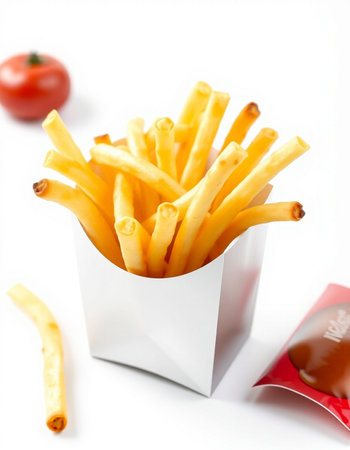 French fries in a paper box on a white background. Fast food.