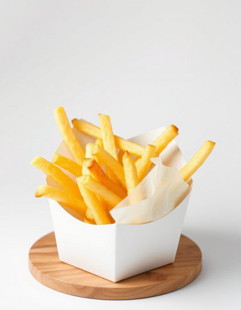 French fries in a white box on a wooden stand on a white backgroundの写真素材