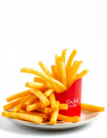 French fries in a paper cup on a white background. Selective focus.の写真素材