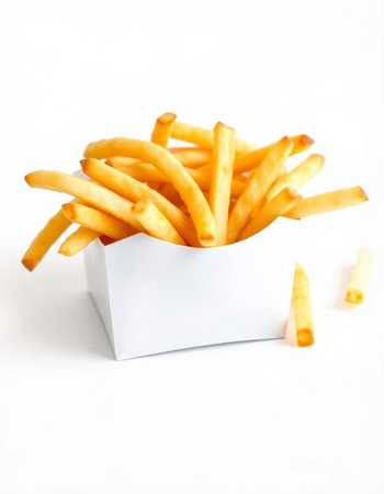 French fries in a white box on a white background. Isolated
