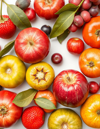 Fresh fruits and vegetables on a white background. Healthy eating concept.