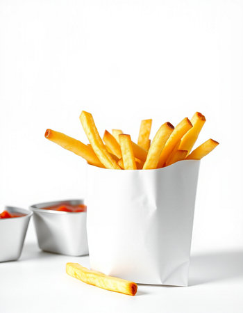 French fries with ketchup on a white background. Selective focus.