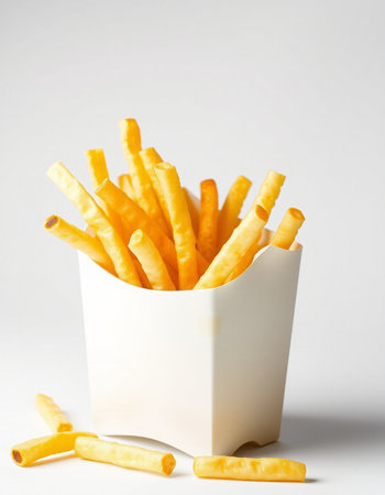 French fries in a paper box on a white background. Selective focus.