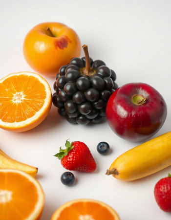 Fruits on a white background. Orange, strawberry, blueberry, blackberry, apple, bananaの写真素材