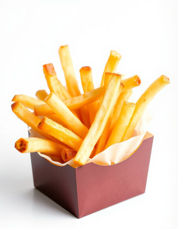 French fries in a paper box on a white background. Selective focus.の写真素材