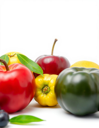 Fresh fruits and vegetables isolated on white background. Healthy food concept.の写真素材