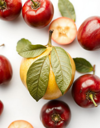 Ripe red apples with green leaves on a white background.の写真素材