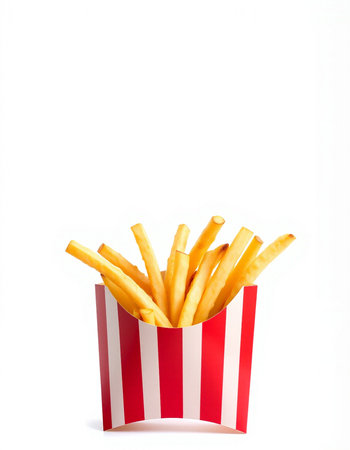 French fries in a red box isolated on white background. Fast food.の写真素材