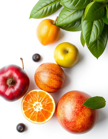 Fruits on a white background. Orange, apple, grapefruit, pomegranate