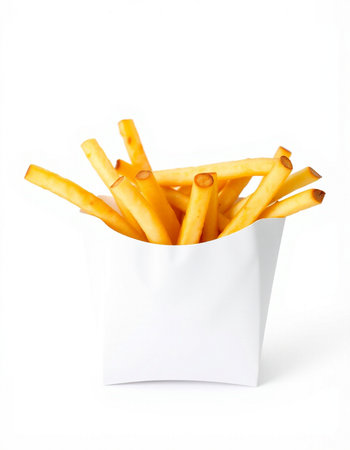 French fries in a white paper box isolated on a white background.