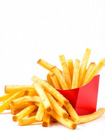 French fries in a red box on a white background, fast food