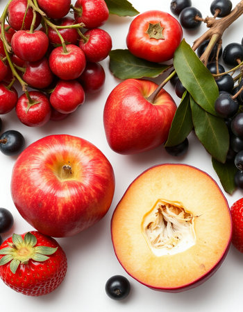 Fruits and berries on a white background. Flat lay, top view