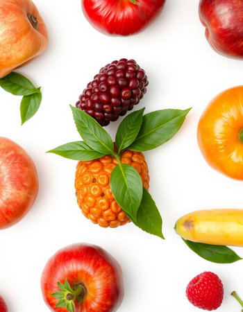 Fruits and vegetables isolated on white background. Top view. Flat lay pattern.