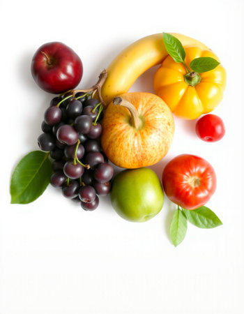Fresh fruits and vegetables isolated on white background. Healthy food concept.の写真素材