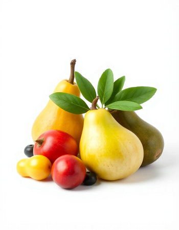 Fruits isolated on white background. Pears, pears and tomatoes