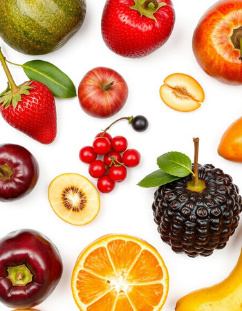 Fruits and berries isolated on white background. Top view. Flat lay patternの写真素材