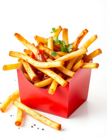 French fries with ketchup and parsley in red box on white background