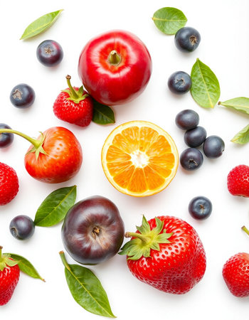 Strawberries, cherries, blueberries and oranges on white background
