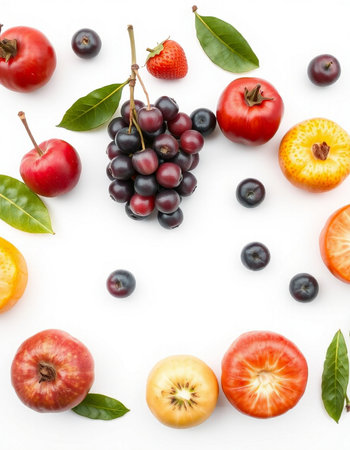 Fruits and berries isolated on white background. Flat lay, top view