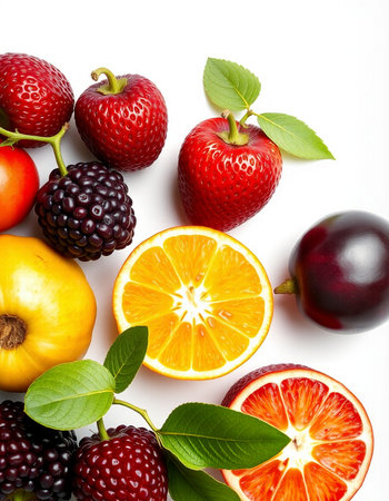 Fruits and berries on a white background. Healthy food concept.