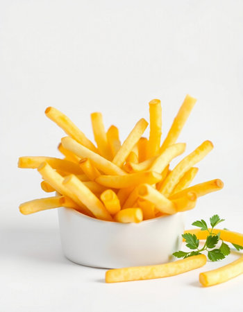Golden French fries in a bowl on a white background with parsley
