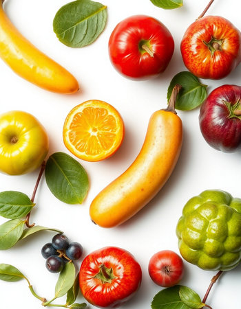 Fruits and vegetables isolated on white background. Flat lay, top view