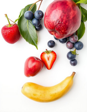 Fruit face on white background. Healthy food concept. Top view.の写真素材