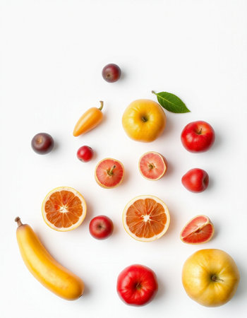 Fruits and vegetables on white background. Flat lay, top view