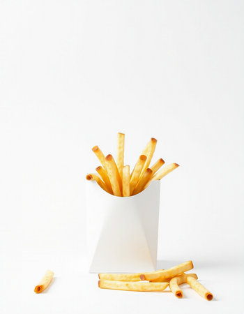 French fries in a white box on a white background, close-upの写真素材