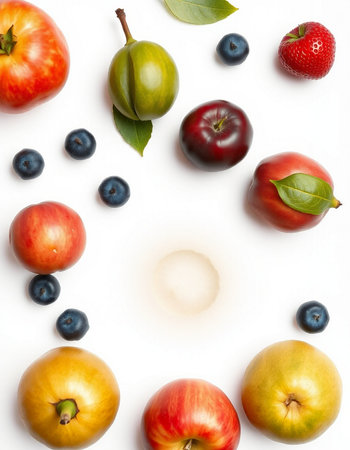 Fruits and berries on white background. Flat lay, top view.の写真素材