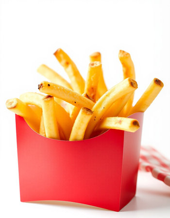 French fries in a red box on a white background, close-up