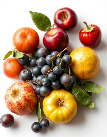 Fruits and vegetables on a white background. Shallow dof.