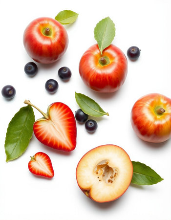 Ripe nectarines, blueberries and strawberries on white backgroundの写真素材