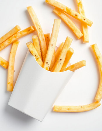 French fries in a white box on a white background, top view