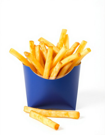 French fries in a blue box on a white background. Isolated