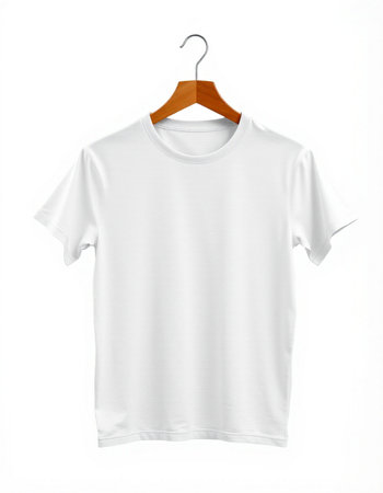 White t-shirt on wooden hanger isolated on white background.